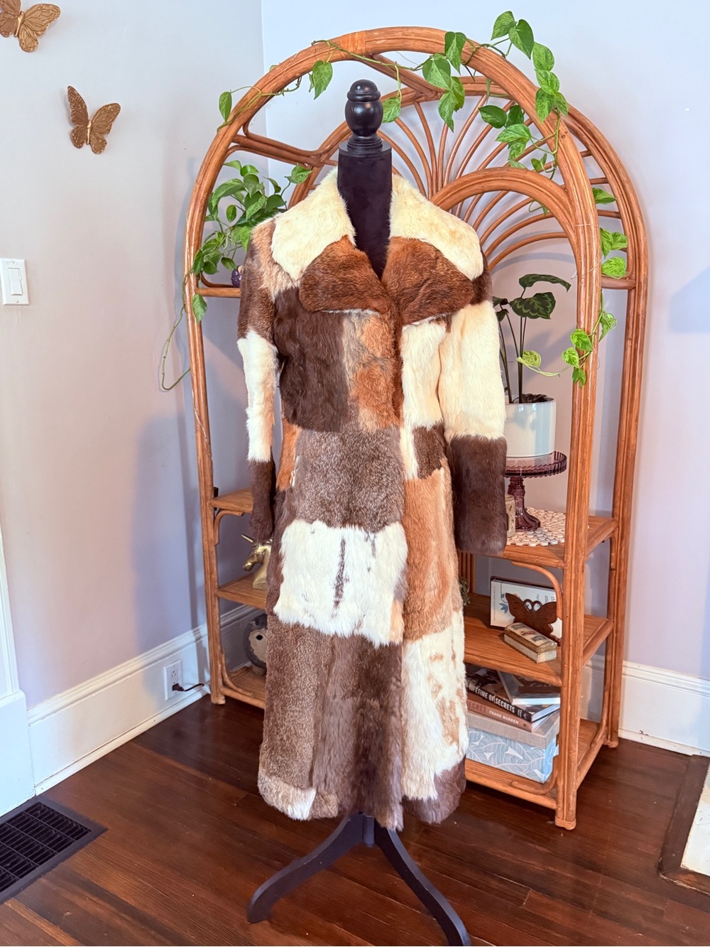 Vintage Patchwork Rabbit Long Fur Coat Size Small